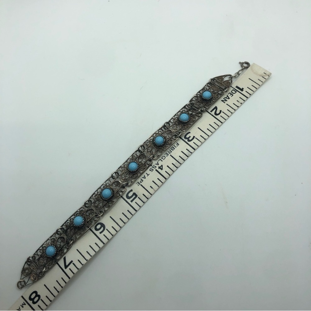 Vtg Sterling Turquoise Cabochon Filigree Panel Link Bracelet 8” - Picture 8 of 8